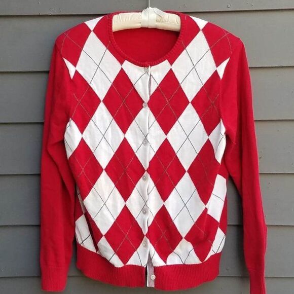 Lands End 100% Cotton Red/White Argyle Cardigan Sweater Size Large - Picture 1 of 9